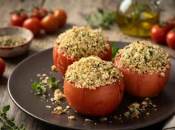 Primo piano di tre pomodori ripieni gratinati al forno su piatto scuro, pronti da servire