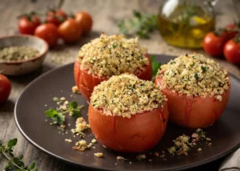 Primo piano di tre pomodori ripieni gratinati al forno su piatto scuro, pronti da servire