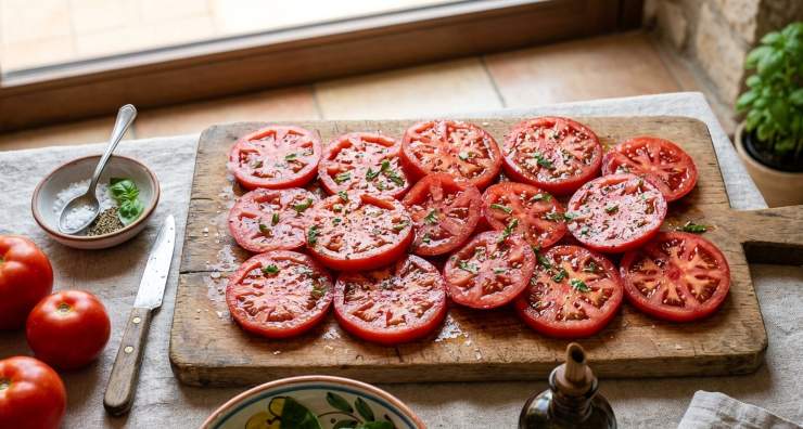 Su un grande piatto da portata, alternate una fetta di pomodoro ed una fetta di mozzarella, sovrapponendole leggermente. Poco prima di servire in tavola, distribuite generosamente il pesto di basilico e completate con una macinata leggera di pepe nero fresco, qualche foglia di basilico intera ed un ultimo filo d’olio extravergine d’oliva a crudo. Buon appetito!