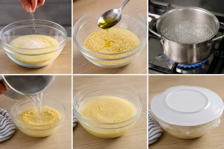 Mattete il cuscus in una ciotola capiente, aggiungete un pizzico di sale ed un cucchiaio di olio extravergine d’oliva. Portate l’acqua a ebollizione (o scaldatela nel microonde), versatela sul cuscus, coprite subito la ciotola con un piatto o pellicola e lasciate riposare per 5 minuti senza toccarlo. Trascorsi i 5 minuti, togliete il coperchio e sgranate bene i chicchi con una forchetta. Aggiungete anche la scorza grattugiata e il succo del lime.