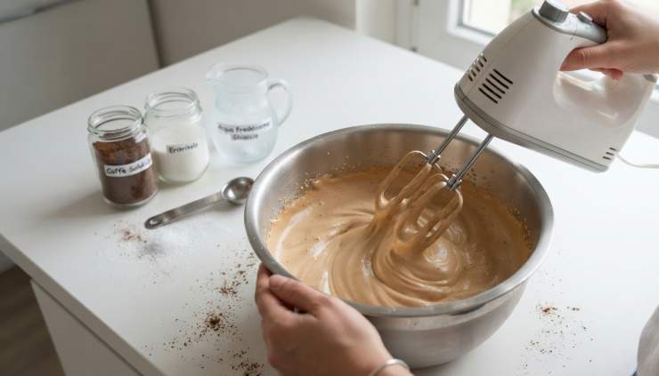 In una ciotola capiente dai bordi alti, versate il caffè solubile insieme all’eritritolo e all’acqua freddissima (potete usare anche dei cubetti di ghiaccio tritati finemente per un effetto ancora più spumoso). Con l’ausilio di uno sbattitore elettrico, montate gli ingredienti alla massima velocità per circa 4-5 minuti. Noterete subito che il composto comincerà a inglobare aria, trasformandosi in una crema soffice, densa e dal colore chiaro.