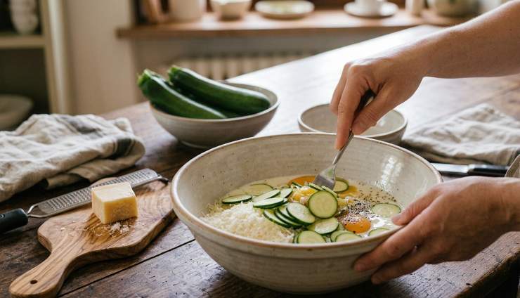 Devono ammorbidirsi leggermente, ma rimanere sode: spegnete e lasciate intiepidire. In una ciotola capiente, sbattete le uova con una forchetta insieme al latte, il parmigiano grattugiato, un pizzico generoso di sale ed una macinata di pepe nero. Unite le zucchine intiepidite al composto di uova e mescolate bene per distribuirle in modo uniforme.