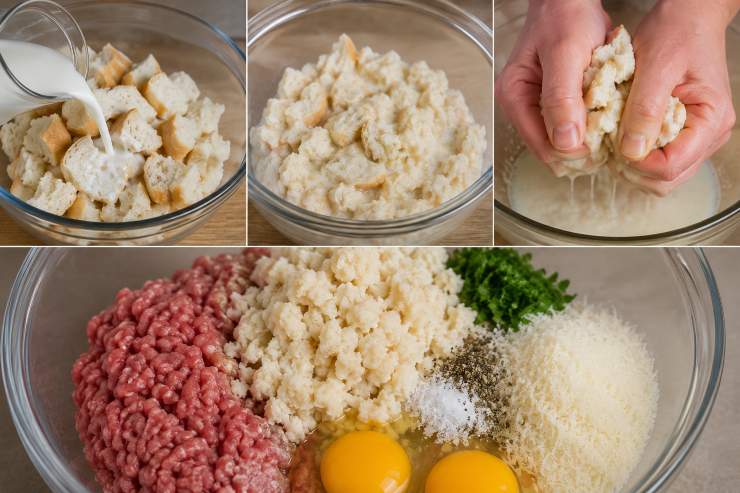 Iniziate ponendo le fette di pane all’interno di una ciotola capiente e bagnatele con il latte fresco fino a completo assorbimento. Lasciate riposare per qualche minuto, quindi strizzatele energicamente con le mani per eliminare il liquido in eccesso. In una terrina capiente, unite la carne macinata mista, il pane strizzato sbriciolato finemente, le uova, il Parmigiano Reggiano grattugiato, il prezzemolo tritato, un pizzico generoso di sale fino e una macinata di pepe nero.
