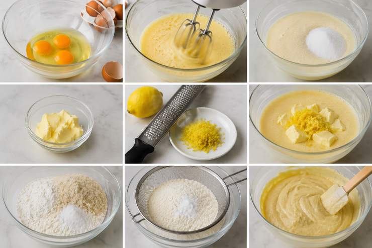 Inizia la preparazione rompendo le uova in una ciotola capiente e montale energicamente insieme allo zucchero fino a ottenere un composto chiaro e spumoso. Incorpora il burro ammorbidito a temperatura ambiente e la scorza di limone grattugiata, facendo attenzione a prelevare solo la parte gialla, e mescola con cura. Aggiungi la farina 00, la farina di mandorle e il lievito per dolci, precedentemente setacciati insieme a un pizzico di sale, e amalgama bene tutti gli ingredienti.