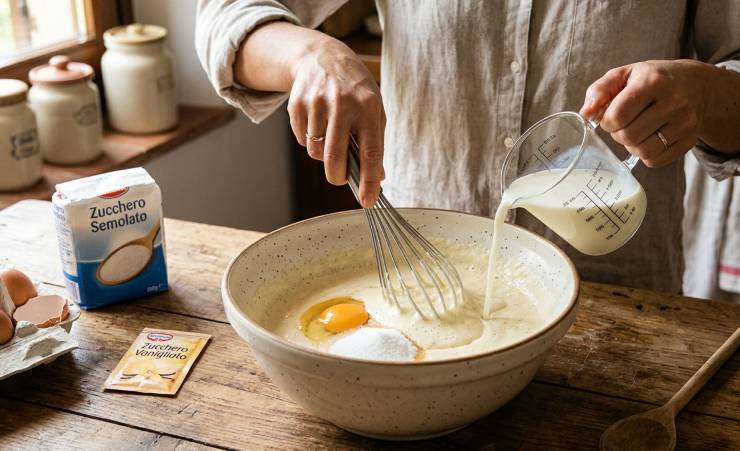 In una ciotola capiente, rompete l’uovo e unite lo zucchero semolato insieme allo zucchero vanigliato. Utilizzando una frusta a mano, sbattete energicamente gli ingredienti per un paio di minuti fino a ottenere un composto leggermente chiaro e spumoso. Versate a filo il latte e l’olio di semi, continuando a mescolare delicatamente con la frusta per incorporarli perfettamente alla base.