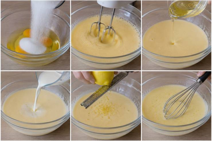 Rompete le uova all’interno di una ciotola capiente, unite lo zucchero semolato e lavorate accuratamente il tutto utilizzando una frusta elettrica fino a ottenere un composto chiaro e leggermente spumoso. Versate a filo l’olio di semi e il latte, poi unite la scorza grattugiata del limone biologico. Mescolate delicatamente con una frusta a mano per incorporare gli ingredienti.
