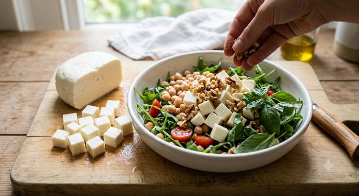 Prendete il formaggio primosale, asciugatelo con della carta assorbente e riducetelo a cubetti regolari, poi versatelo nella ciotola insieme agli altri ingredienti. Sminuzzate grossolanamente i gherigli di noci con le mani per mantenere una consistenza rustica e aggiungeteli all’insalata. Unite anche il basilico spezzettato grossolanamente.