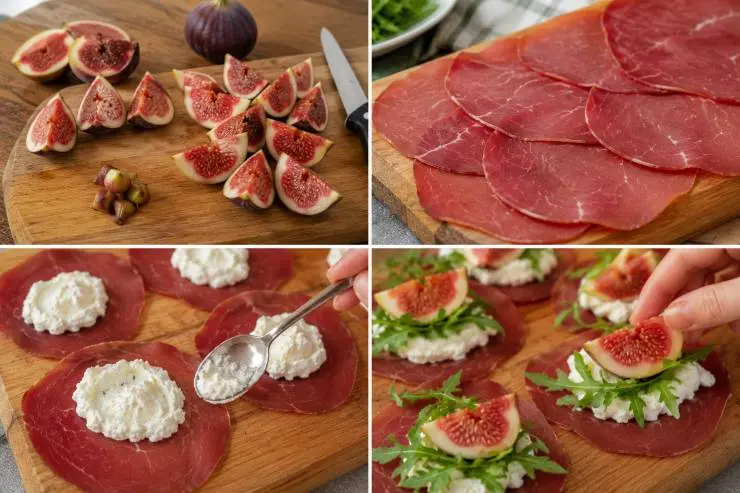 Asciugateli, privateli del picciolo e tagliateli prima in quattro spicchi e poi a metà, in modo da ottenere 8 pezzetti da ogni fico. Disponete le fette di bresaola su un tagliere pulito. Spalmate un cucchiaino abbondante di crema di caprino al centro di ogni fetta, lasciando liberi i bordi. Adagiate sopra il formaggio qualche fogliolina di rucola fresca (precedentemente lavata e asciugata) ed un pezzetto di fico fresco.