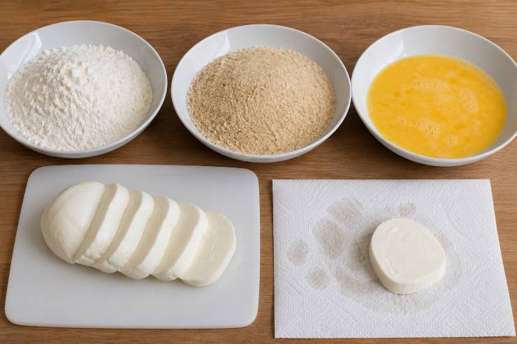 Riempite un recipiente con la farina, un secondo con il pangrattato e un terzo sbattendo le uova insieme al latte e a un pizzico di sale. Tagliate la mozzarella a fette abbastanza spesse e tamponatele accuratamente con della carta assorbente da cucina per eliminare l’eccesso di siero.