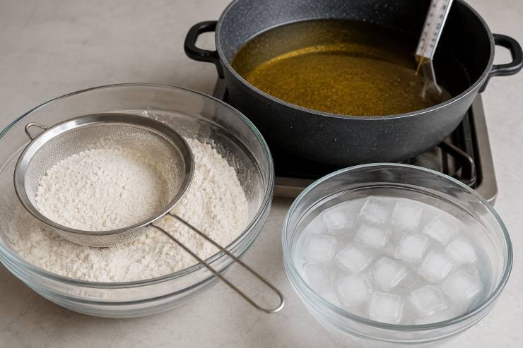 In una ciotola capiente mescolate e setacciate la farina 00 con la farina di riso. In una seconda ciotola preparate dell’acqua freddissima con abbondanti cubetti di ghiaccio. In un tegame dai bordi alti (o in una friggitrice) versate abbondante olio di semi di arachidi e portatelo a una temperatura costante di circa 170°C.