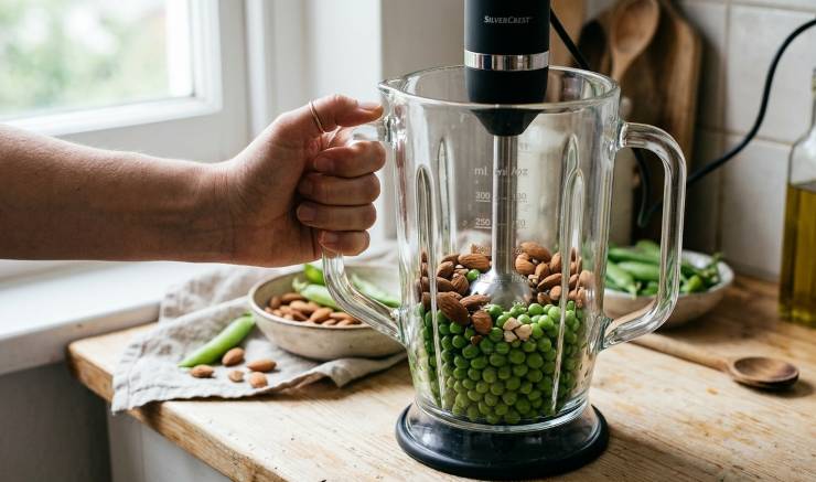 Scolate i piselli dalla loro acqua di conservazione e trasferiteli nel boccale del mixer. Aggiungete le mandorle, 5 foglie di menta fresca, due cucchiai di olio extravergine di oliva e un pizzico di sale. Frullate il tutto fino a ottenere una crema liscia, densa e omogenea.