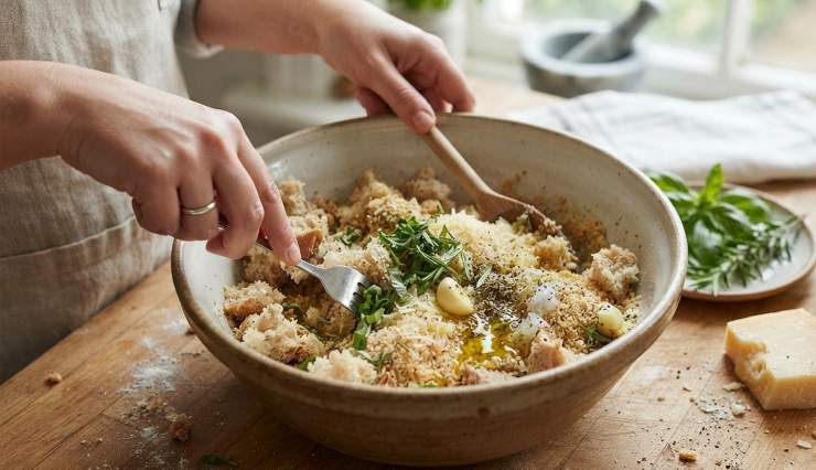 Nel frattempo, preparate la farcitura: in una ciotola capiente, sbriciolate la mollica di pane, aggiungete il pangrattato, il formaggio grattugiato, le erbe aromatiche tritate (basilico, rosmarino, origano), l’aglio, un generoso giro d’olio, sale e pepe. Mescolate bene tutto fino a ottenere un composto umido e ben amalgamato.