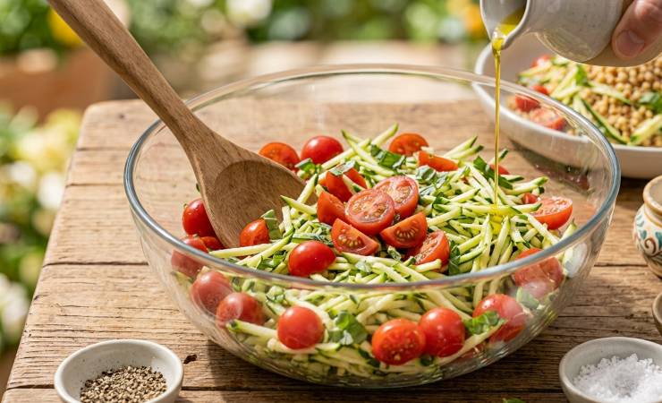 Nel frattempo, dedicatevi al condimento. Lavate accuratamente le zucchine e i pomodorini. Spuntate le zucchine e grattugiatele alla julienne utilizzando una grattugia a fori larghi. Tagliate i pomodorini in quattro parti. Riunite le verdure in una ciotola capiente.