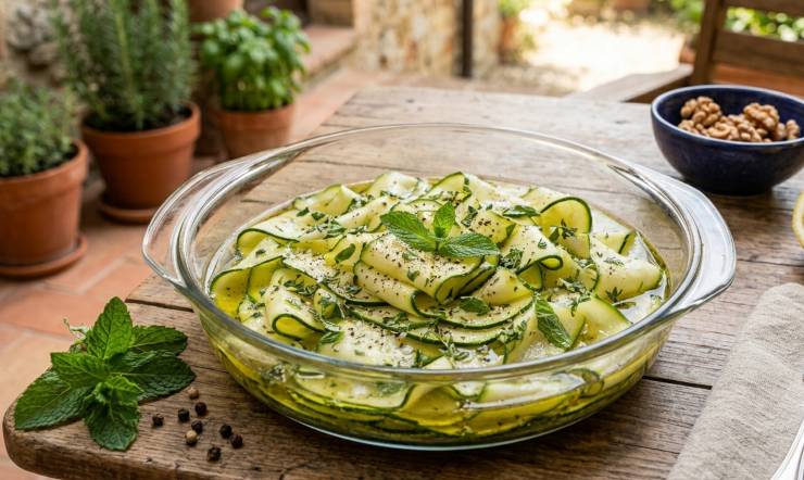 Trasferite tutte le fettine di zucchina all’interno di una terrina capiente. Irrorate la verdura versando uniformemente il succo del limone grande e un giro generoso di olio extravergine d’oliva. Aggiungete poi gli spicchi d’aglio precedentemente tagliati a fettine sottili, le foglioline di menta fresca spezzettate a mano e qualche rametto di timo. Regolate infine di sale e di pepe secondo i vostri gusti. Coprite la terrina con della pellicola trasparente per alimenti e riponete in frigorifero a marinare per almeno 2 ore.