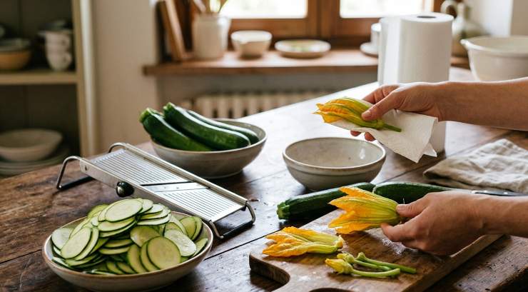 Lavate le zucchine e tagliatele a rondelle molto sottili (potete aiutarvi con una mandolina). Pulite delicatamente i fiori di zucca eliminando il pistillo interno ed il gambo, poi apriteli delicatamente a libro e sciacquateli sotto un filo d’acqua, asciugandoli con carta assorbente. In una padella antiaderente, scaldate un filo d’olio d’oliva e saltate le rondelle di zucchine a fuoco vivo per circa 5 minuti con un pizzico di sale e qualche foglia di menta spezzettata.