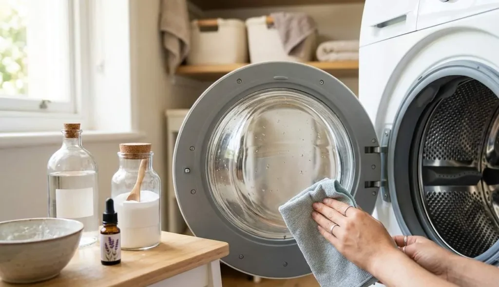 Come far tornare la lavatrice profumata di pulito in modo naturale Donna che pulisce la guarnizione della lavatrice con un panno e ingredienti naturali come aceto e bicarbonato per eliminare il cattivo odore.