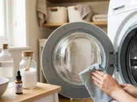 Donna che pulisce la guarnizione della lavatrice con un panno e ingredienti naturali come aceto e bicarbonato per eliminare il cattivo odore.