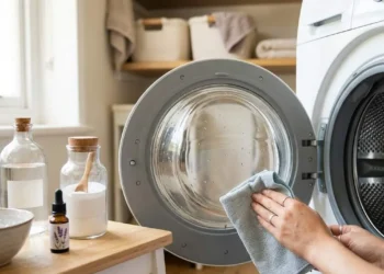 Donna che pulisce la guarnizione della lavatrice con un panno e ingredienti naturali come aceto e bicarbonato per eliminare il cattivo odore.