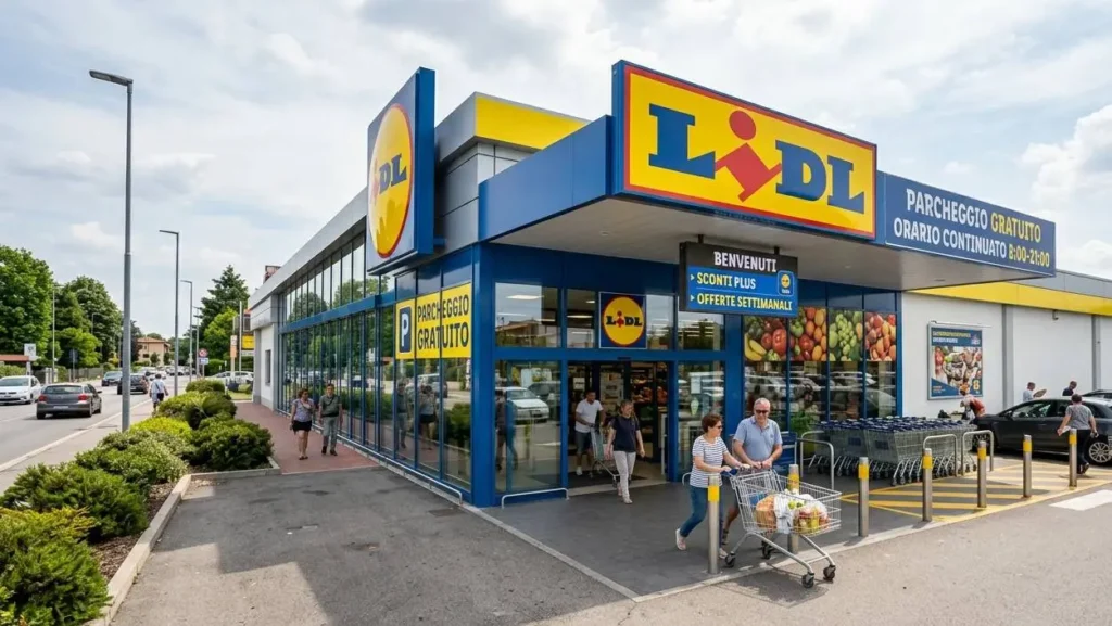 Supermercato Lidl Italia - Ingresso e Parcheggio Esterno di un punto vendita Lidl in Italia con clienti, carrelli della spesa e parcheggio gratuito