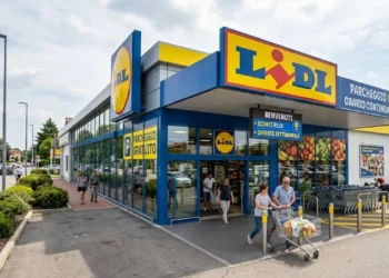 Supermercato Lidl Italia - Ingresso e Parcheggio Esterno di un punto vendita Lidl in Italia con clienti, carrelli della spesa e parcheggio gratuito