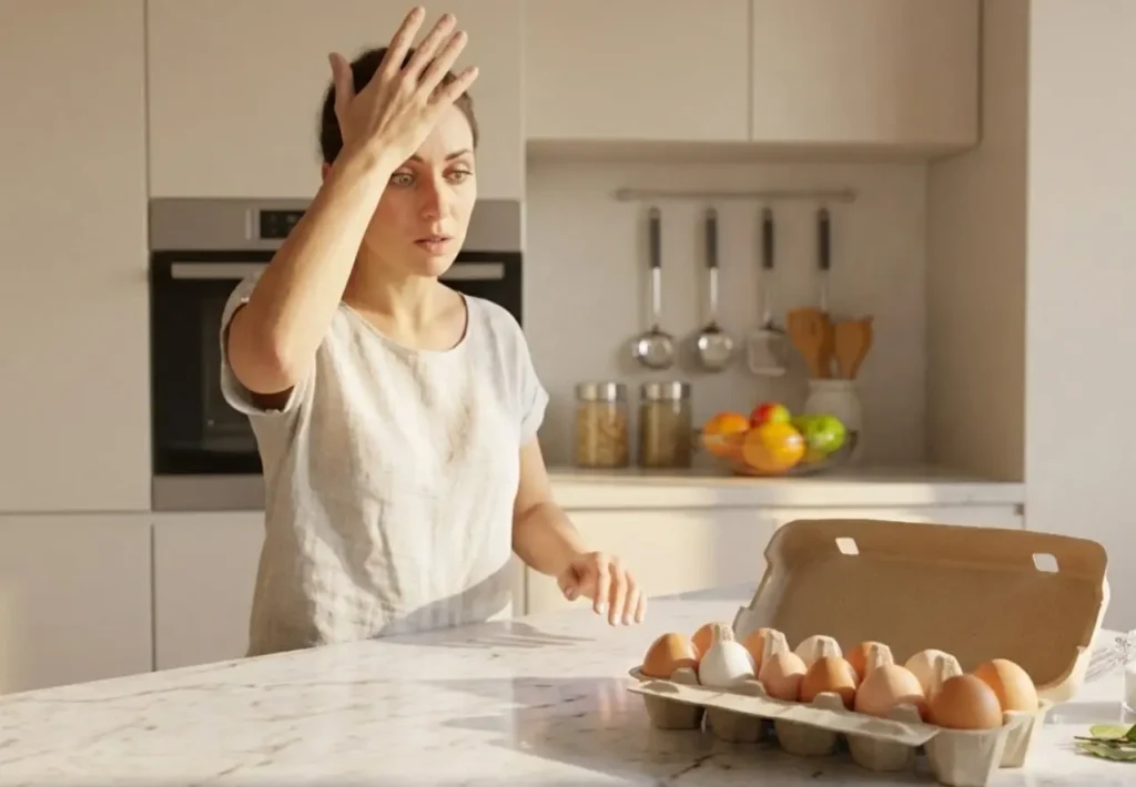 quanto-tempo-uova-fuori-dal-frigo-caldo Confezione di uova sul bancone della cucina dimenticate al caldo in estate
