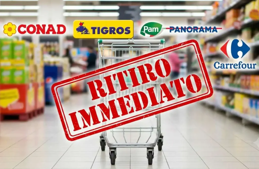 richiamo-alimentare-conad-carrefour-tigros-pam Carrello vuoto al supermercato con timbro rosso Ritiro Immediato e loghi di Conad Carrefour Tigros e Pam