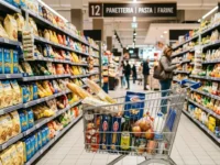 Un carrello della spesa tra le corsie del supermercato con cartelli grafici sui rincari alimentari e l'inflazione.