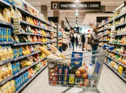 Un carrello della spesa tra le corsie del supermercato con cartelli grafici sui rincari alimentari e l'inflazione.