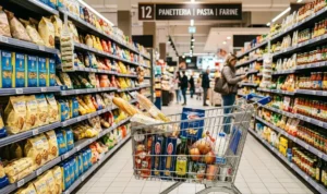 Un carrello della spesa tra le corsie del supermercato con cartelli grafici sui rincari alimentari e l'inflazione.