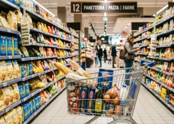 Rincari Spesa Supermercato Un carrello della spesa tra le corsie del supermercato con cartelli grafici sui rincari alimentari e l'inflazione.