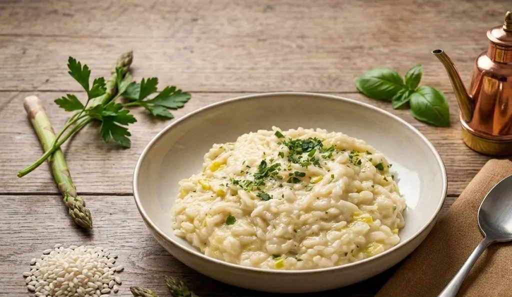 Un piatto di risotto cremoso agli asparagi decorato con erbe fresche, servito su un tavolo di legno rustico con asparagi crudi, prezzemolo, basilico e un'oliera di rame sullo sfondo.