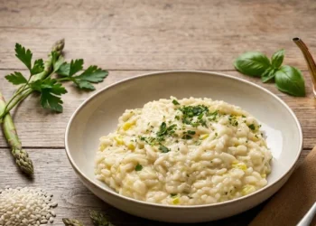 Un piatto di risotto cremoso agli asparagi decorato con erbe fresche, servito su un tavolo di legno rustico con asparagi crudi, prezzemolo, basilico e un'oliera di rame sullo sfondo.
