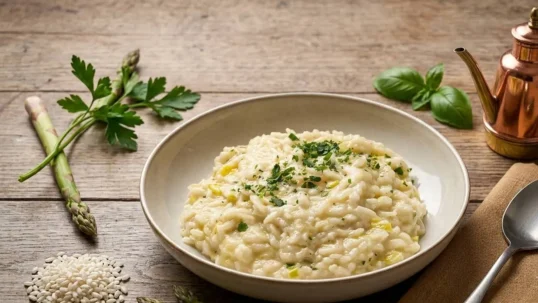 Un piatto di risotto cremoso agli asparagi decorato con erbe fresche, servito su un tavolo di legno rustico con asparagi crudi, prezzemolo, basilico e un'oliera di rame sullo sfondo.