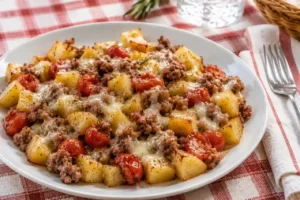 salsiccia-patate-siciliana-padella-pomodorini-finocchietto Padella antiaderente con patate dorate, salsiccia sgranata, pomodorini rossi spaccati, finocchietto fresco e caciocavallo fuso filante.