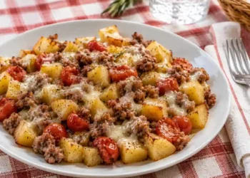 Padella antiaderente con patate dorate, salsiccia sgranata, pomodorini rossi spaccati, finocchietto fresco e caciocavallo fuso filante.