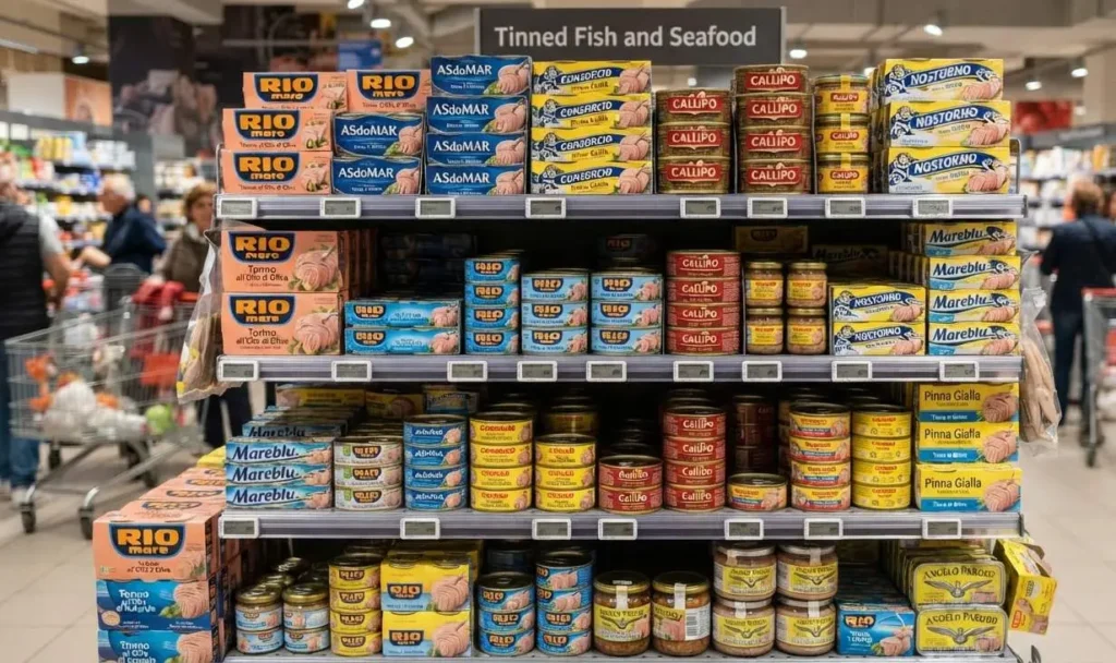 Miglior tonno in scatola al supermercato Scaffale di un supermercato con esposizione di diverse confezioni e marche di tonno in scatola