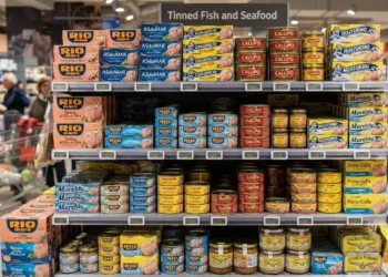 Miglior tonno in scatola al supermercato Scaffale di un supermercato con esposizione di diverse confezioni e marche di tonno in scatola