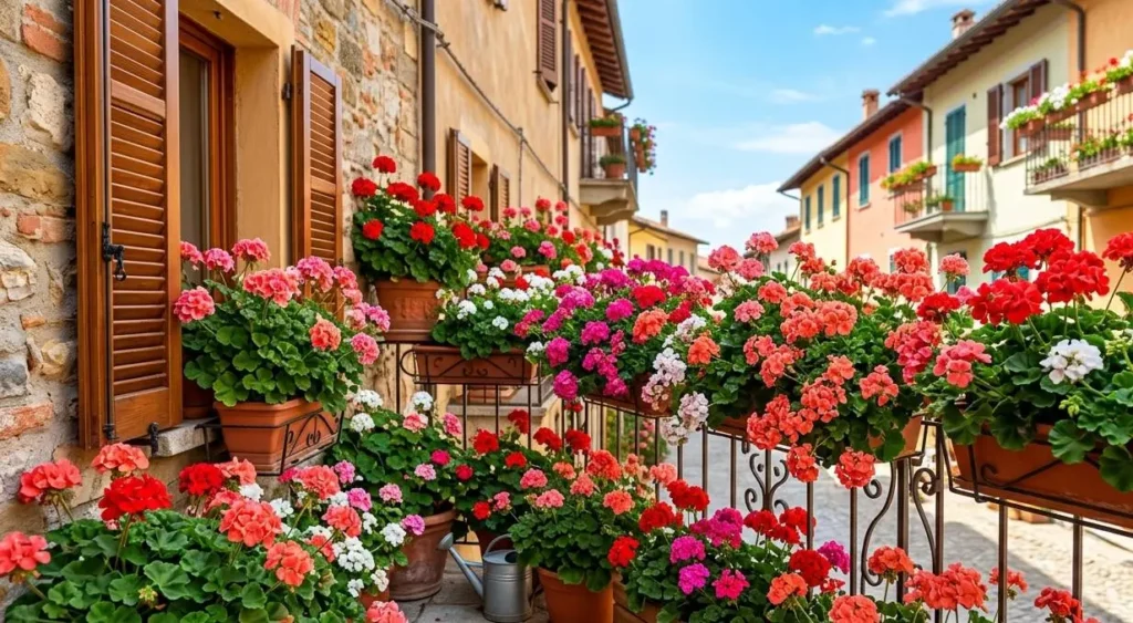Gerani fioriti e rigogliosi sul balcone Balcone fiorito pieno di vasi con gerani rossi, rosa e bianchi rigogliosi davanti a una casa in stile italiano.