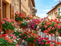 Balcone fiorito pieno di vasi con gerani rossi, rosa e bianchi rigogliosi davanti a una casa in stile italiano.