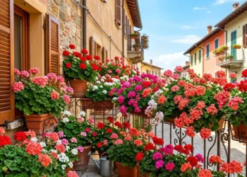 Gerani fioriti e rigogliosi sul balcone Balcone fiorito pieno di vasi con gerani rossi, rosa e bianchi rigogliosi davanti a una casa in stile italiano.