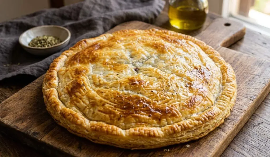 Sfogliata siciliana rustica salata coperta e dorata su un tagliere di legno