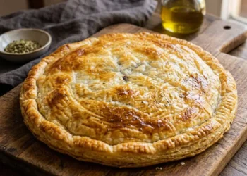 Sfogliata siciliana rustica salata coperta e dorata su un tagliere di legno