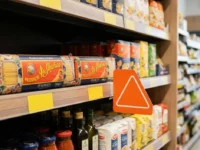 Scaffale di un supermercato italiano con pacchi di pasta e un cartello arancione di segnalazione per la shrinkflation