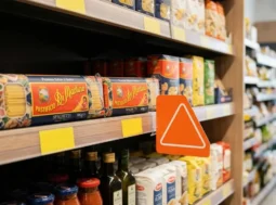 Cartello segnalazione shrinkflation supermercato Scaffale di un supermercato italiano con pacchi di pasta e un cartello arancione di segnalazione per la shrinkflation