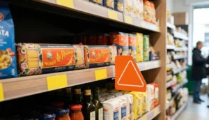 Scaffale di un supermercato italiano con pacchi di pasta e un cartello arancione di segnalazione per la shrinkflation
