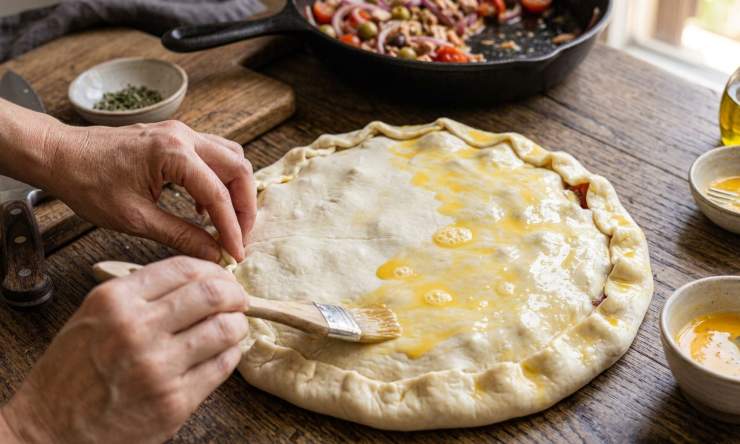 Adagiate il secondo rotolo di pasta sfoglia sopra il ripieno per chiudere il rustico. Premete con cura i bordi lungo tutto il perimetro e sigillateli ripiegandoli leggermente, così da evitare che la farcitura fuoriesca durante la cottura. In una tazzina sbattete il tuorlo d’uovo e, aiutandovi con un pennello da cucina, stendetelo uniformemente sulla superficie per garantire un colore dorato. Fate cuocere in forno statico preriscaldato a 200°C per circa 25 minuti, o comunque fino a quando la sfoglia non risulterà ben gonfia, croccante e visibilmente dorata. Sfornate la torta salata, lasciatela riposare e assestare per qualche minuto, poi tagliatela in golosi rettangoli e servitela tiepida o fredda!