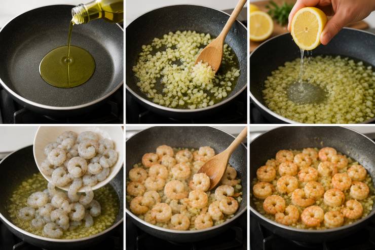 Nel frattempo, scaldate un giro generoso di olio extravergine d’oliva in una capiente padella antiaderente. Tritate finemente la cipolla e fatela soffriggere a fuoco dolce finché non risulterà dorata e trasparente. Spruzzate sulla cipolla il succo di mezzo limone per sfumarla e profumarla (tenete da parte l’altra metà del limone e la buccia per dopo). Aggiungete nella padella i gamberetti sgusciati. Mescolate bene e lasciateli cuocere a fiamma media per circa 5 minuti, girandoli di tanto in tanto affinché assorbano tutti i profumi.