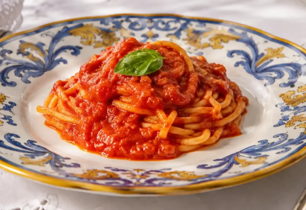 spaghetti-alla-devozione-peppe-guida Nido di spaghetti alla Devozione di Peppe Guida lucidi e cremosi conditi con sugo di pomodoro San Marzano e foglia di basilico fresco in un piatto bianco.