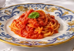 spaghetti-alla-devozione-peppe-guida Nido di spaghetti alla Devozione di Peppe Guida lucidi e cremosi conditi con sugo di pomodoro San Marzano e foglia di basilico fresco in un piatto bianco.