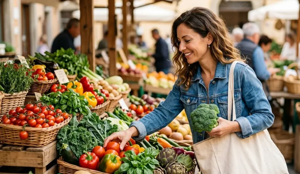 Spesa intelligente e risparmio Una donna sorridente fa la spesa scegliendo verdura fresca di stagione per risparmiare sui prezzi del supermercato.